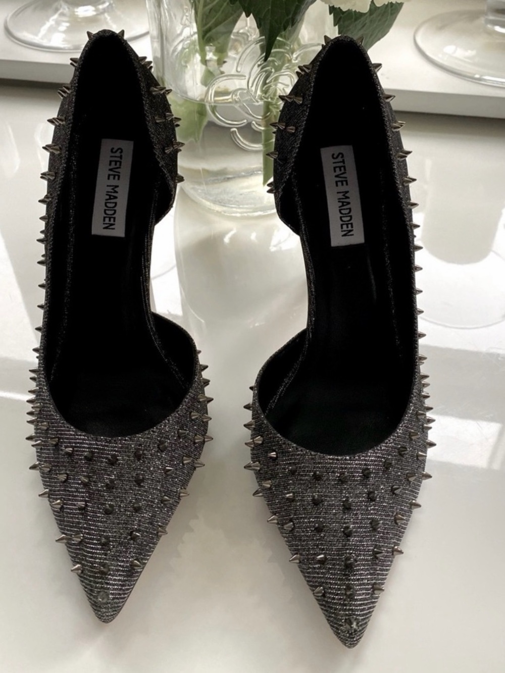 Steve Madden Gunmetal Studded Pointed Toe Pumps